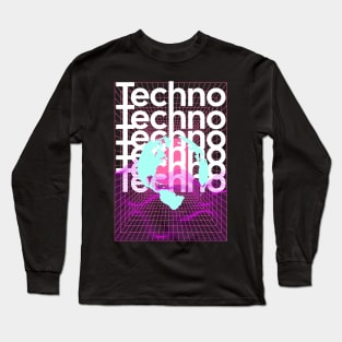 TECHNO  - Grid Globe (White/pink/blue) Long Sleeve T-Shirt